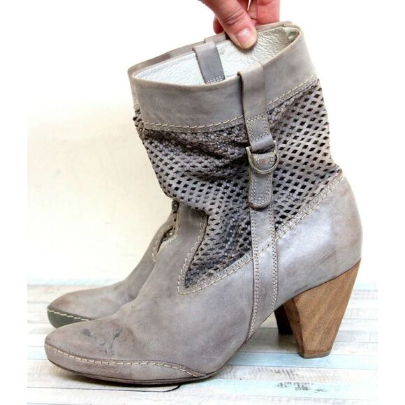 VIRUS PORTUGAL GRAY PERFORATED GENUINE LEATHER MED HEEL SLOUCHY BOOTS 9 39 - Picture 5 of 8